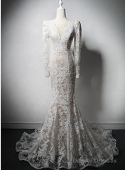 Ivory Lace Mermaid Long Sleeves Formal Dress, Lace Wedding Party Dress