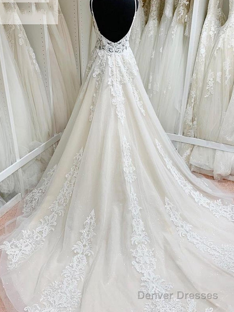 Ivory Lace Tulle V-Neck Backless Floor-Length Spaghetti Straps A-Line Wedding Dresses Prom Dress Secondary image