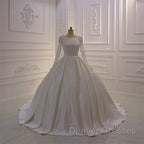 Ivory Long Sleevess Jewel Ruffless Flowers Bedaings Wedding Dress