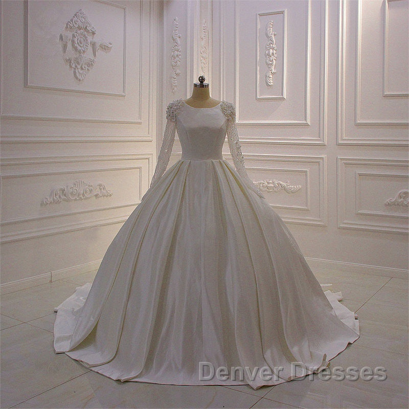 Ivory Long Sleevess Jewel Ruffless Flowers Bedaings Wedding Dress