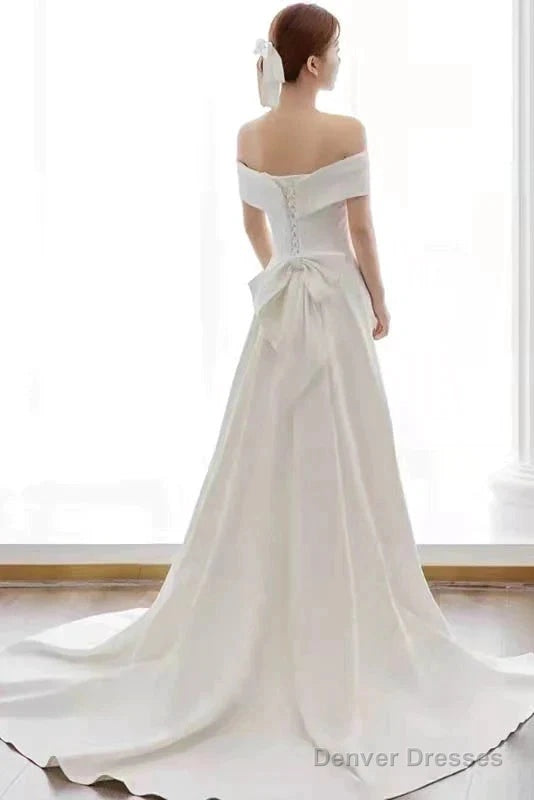 Ivory Off The Shoulder Satin Wedding Dress With Slit Secondary image