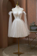 Ivory Off-The-Shoulder Spaghetti Strap Lace Knee Length Prom Dress