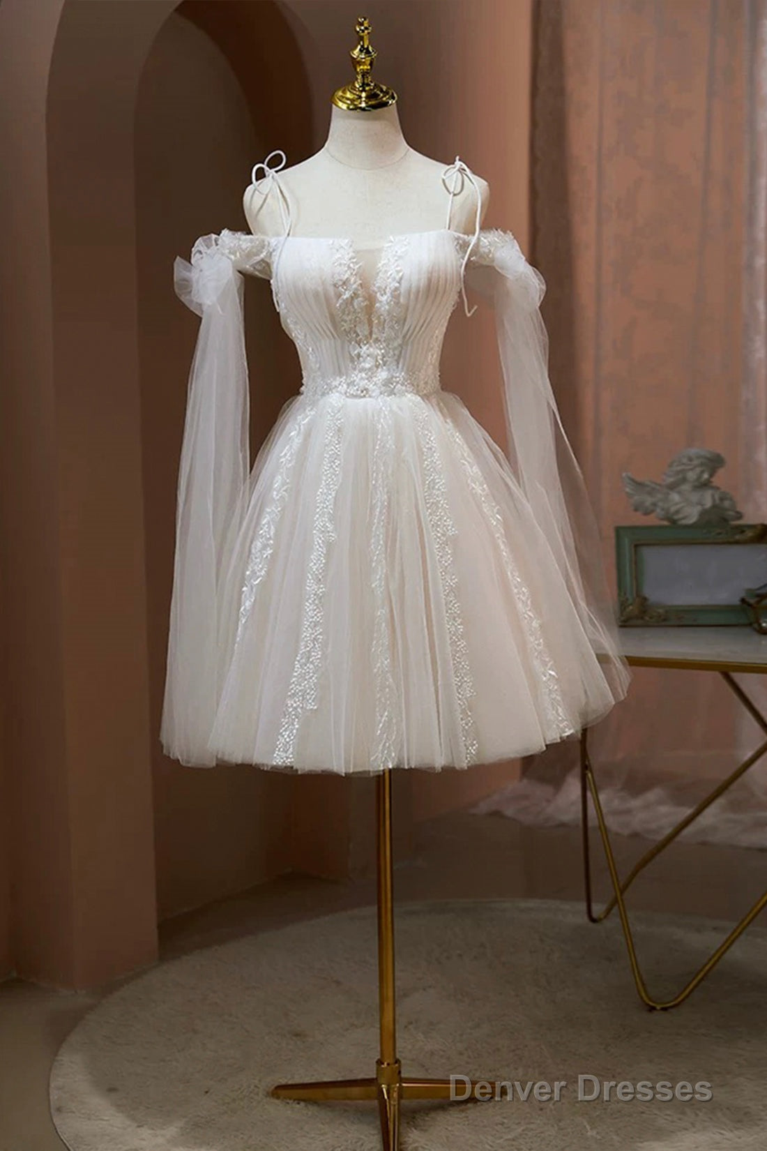 Ivory Off-The-Shoulder Spaghetti Strap Lace Knee Length Prom Dress