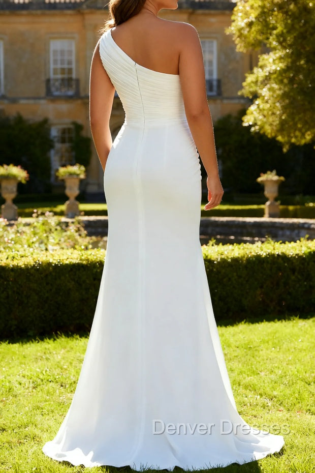 Ivory One Shoulder Long Sheath Beach Engagement Dress with Slit