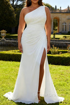 Ivory One Shoulder Long Sheath Beach Engagement Dress with Slit