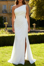 Ivory One Shoulder Long Sheath Beach Engagement Dress with Slit