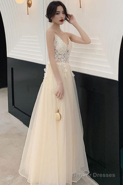 Ivory Organza Straps Lace Long A-Line Junior Prom Dress, Beautiful Long Party Dresses Secondary image