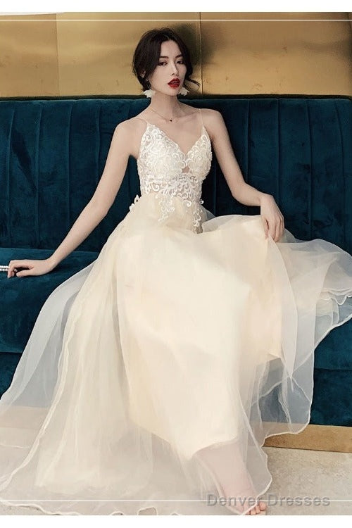 Ivory Organza Straps Lace Long A-Line Junior Prom Dress, Beautiful Long Party Dresses Main image
