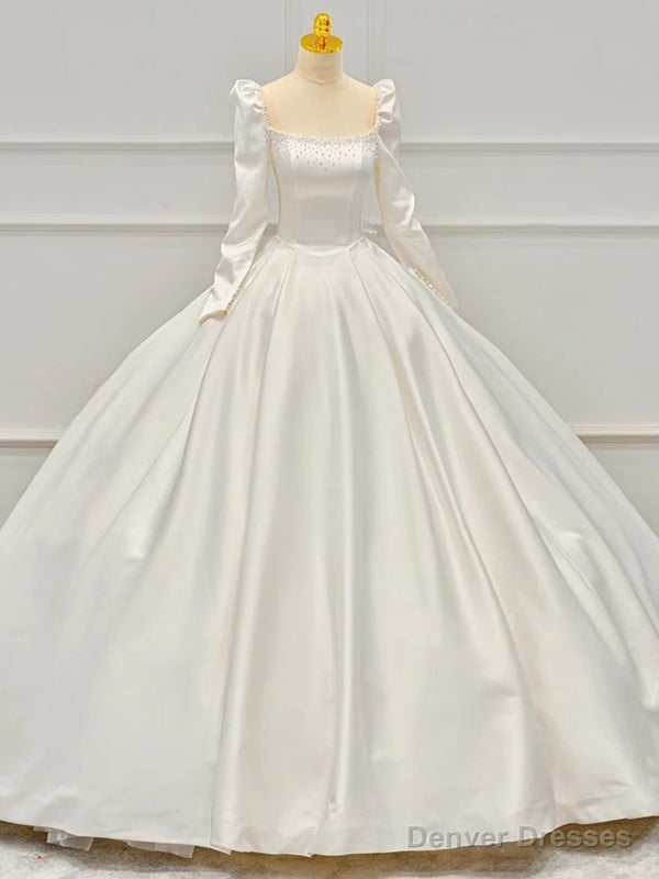 Ivory Satin Long Sleeve Square Pearls Wedding Dress Main image