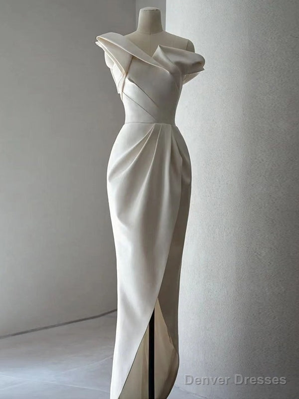 Ivory Satin Off the Shoulder Pleats Wedding Dress Main image