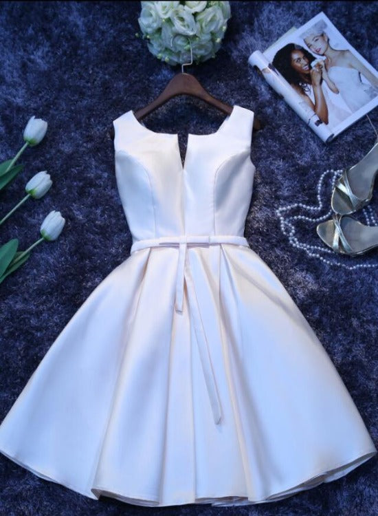 Ivory Satin Short Simple Cute Bridesmaid Dress Party Dress, Short Graduation Dress Prom Dress Main image