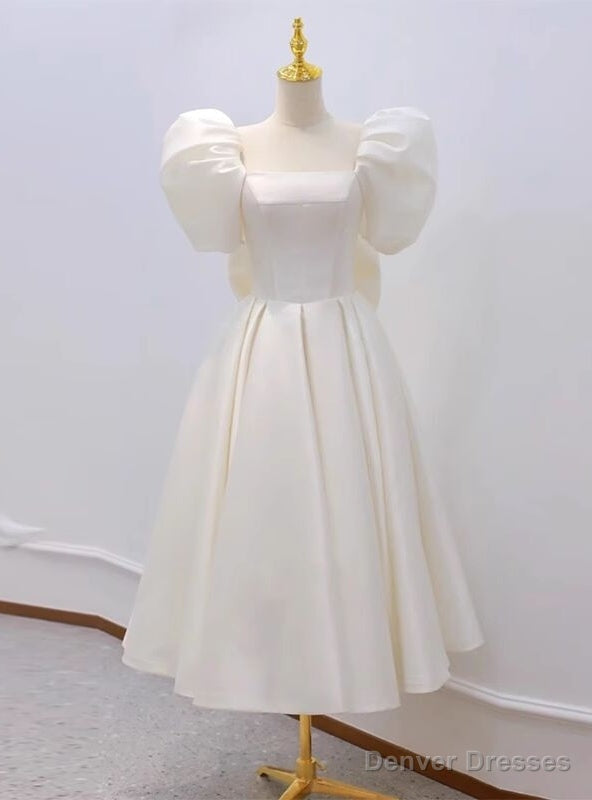 Ivory Satin Square Puff Sleeve Short Wedding Dress Main image