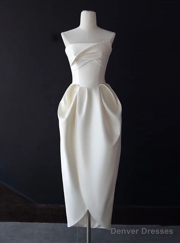 Ivory Satin Strapless Pleats Short Wedding Dress Main image