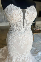 Ivory Strapless Floral Lace Trumpet Long Bridal Gown Wedding Dress
