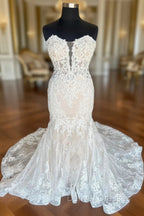 Ivory Strapless Floral Lace Trumpet Long Bridal Gown Wedding Dress