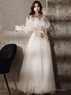 Ivory Sweetheart Neck Tulle Lace Long Prom Dress, Tulle Formal Party Dress