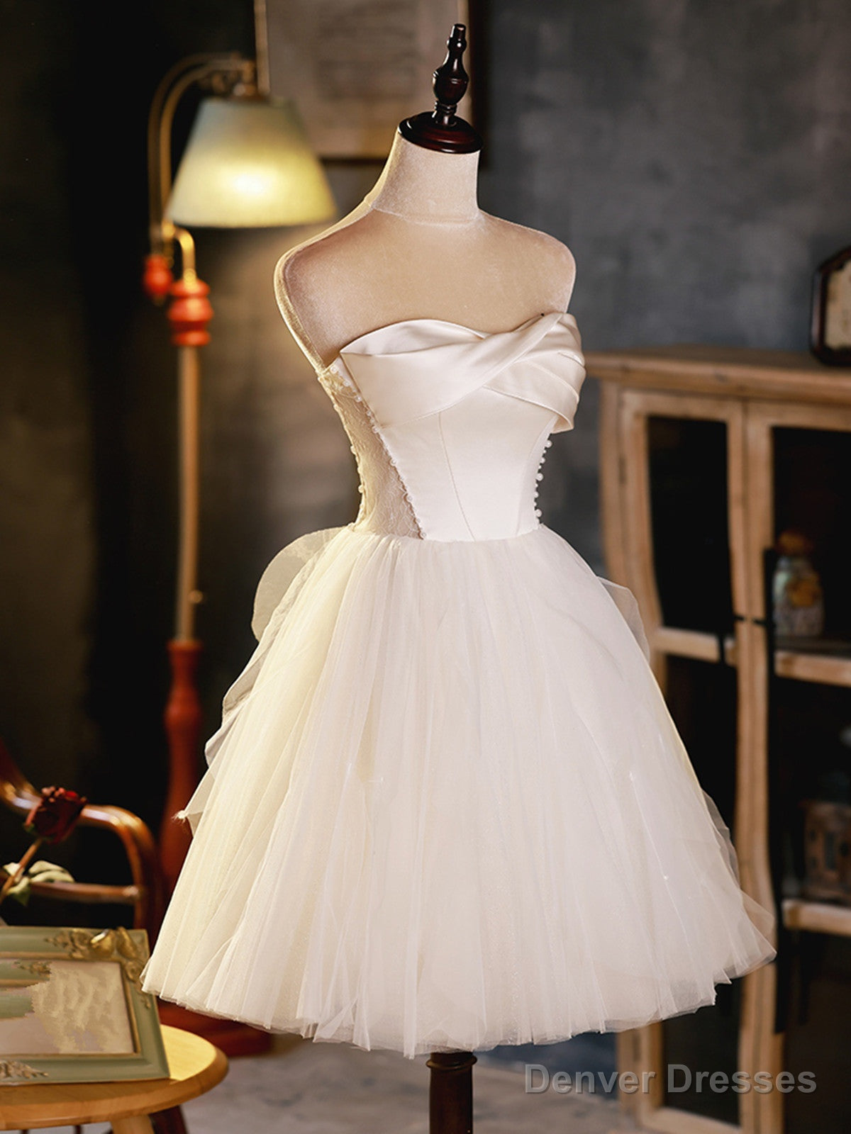 Ivory Tulle and Satin Short Party Dress, Ivory Homecoming Dress Graduation Dress Main image