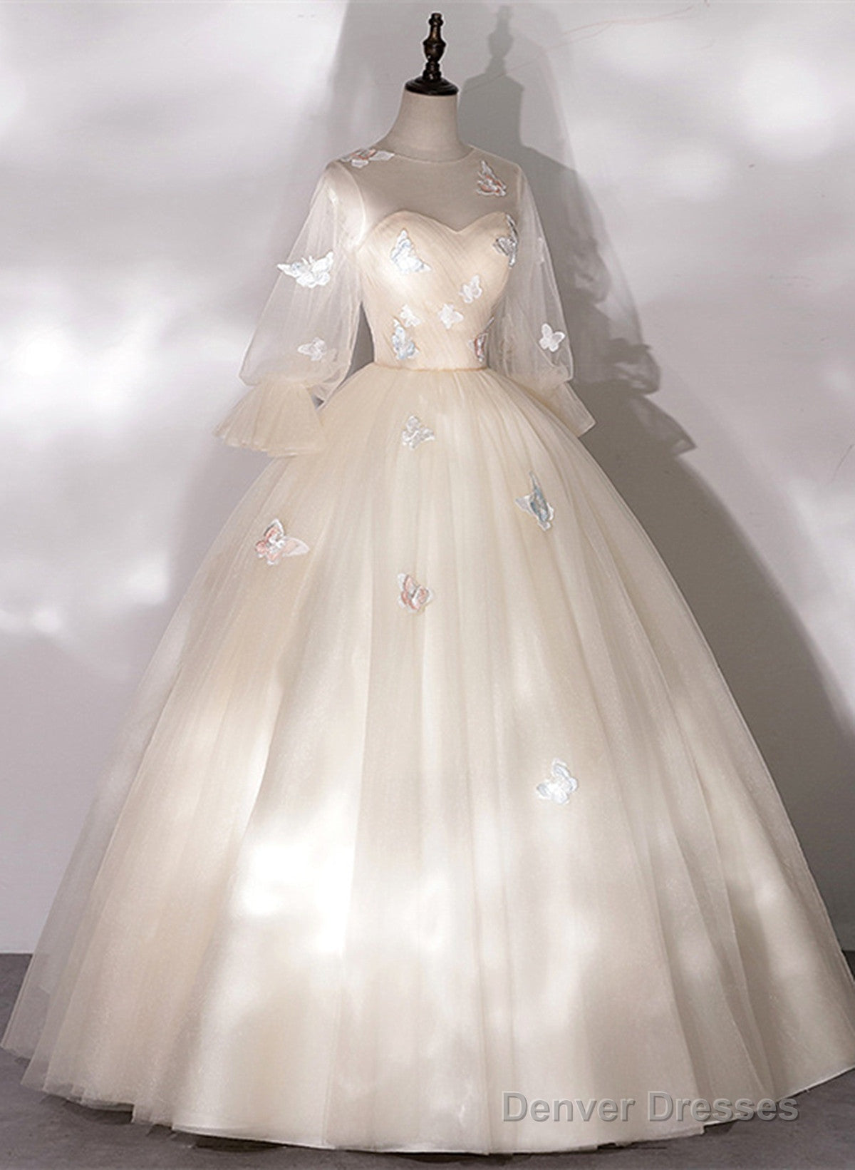 Ivory Tulle Ball Gown Long Sweet 16 Dress, Ivory Long Sleeves Party Dress Prom Dress Secondary image