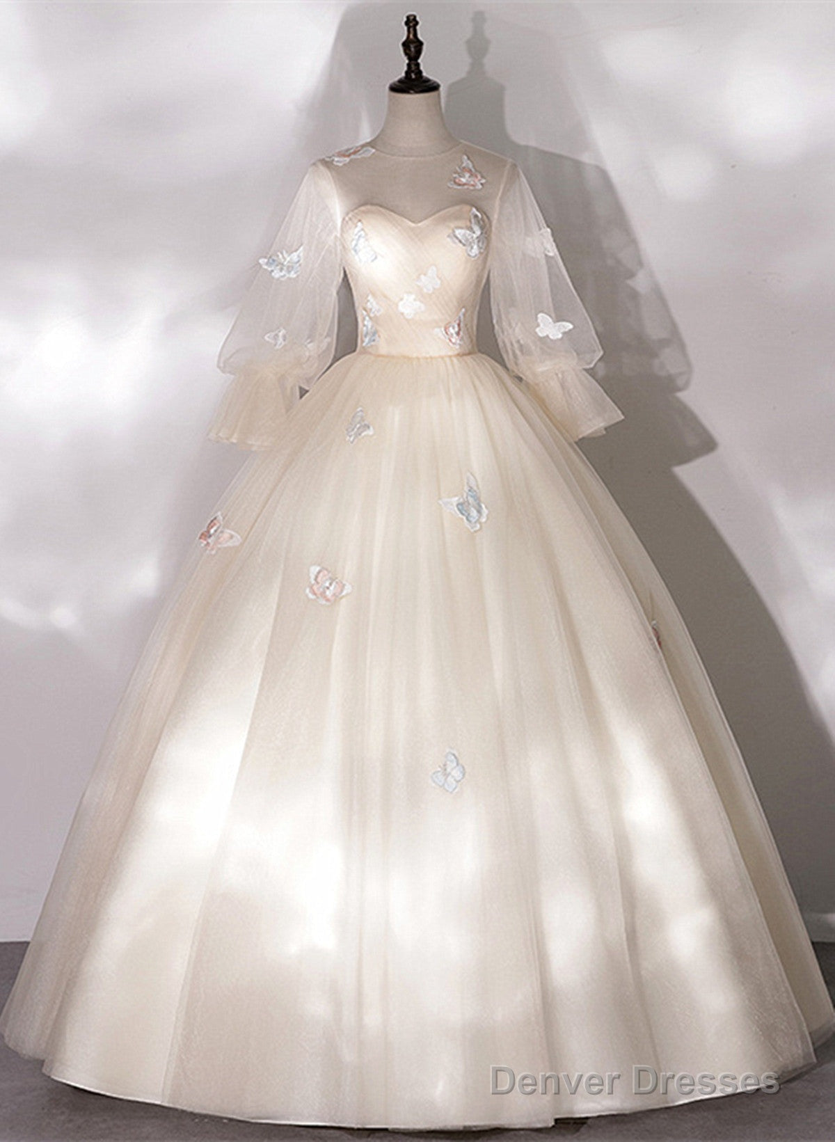 Ivory Tulle Ball Gown Long Sweet 16 Dress, Ivory Long Sleeves Party Dress Prom Dress Main image
