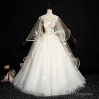 Ivory Tulle Ball Gown Sweet 16 Dresses With Lace, Glam Long Evening Gown Formal Dresses