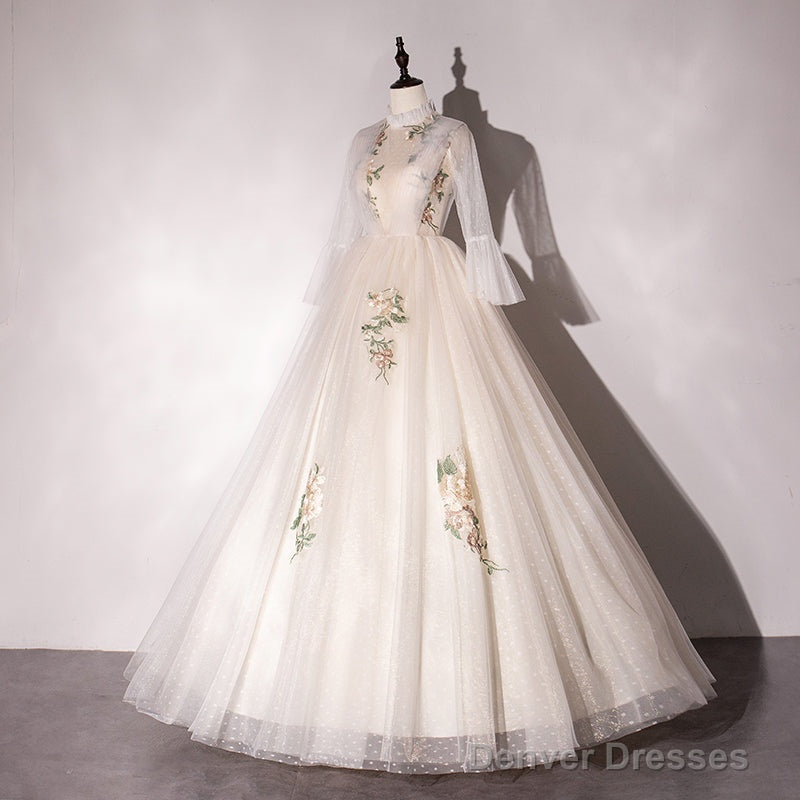 Ivory Tulle High Neckline Long Party Dress With Lace Applique, Ball Gown Sweet 16 Dresses Secondary image