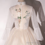 Ivory Tulle High Neckline Long Party Dress With Lace Applique, Ball Gown Sweet 16 Dresses