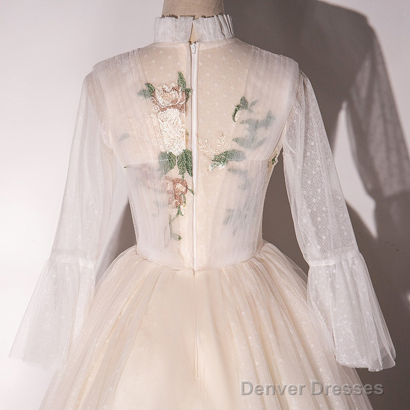 Ivory Tulle High Neckline Long Party Dress With Lace Applique, Ball Gown Sweet 16 Dresses