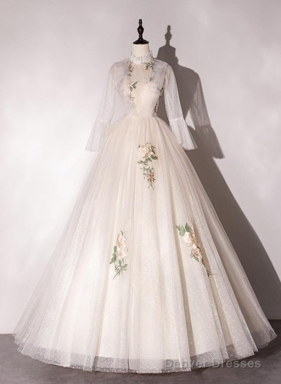 Ivory Tulle High Neckline Long Party Dress With Lace Applique, Ball Gown Sweet 16 Dresses Main image