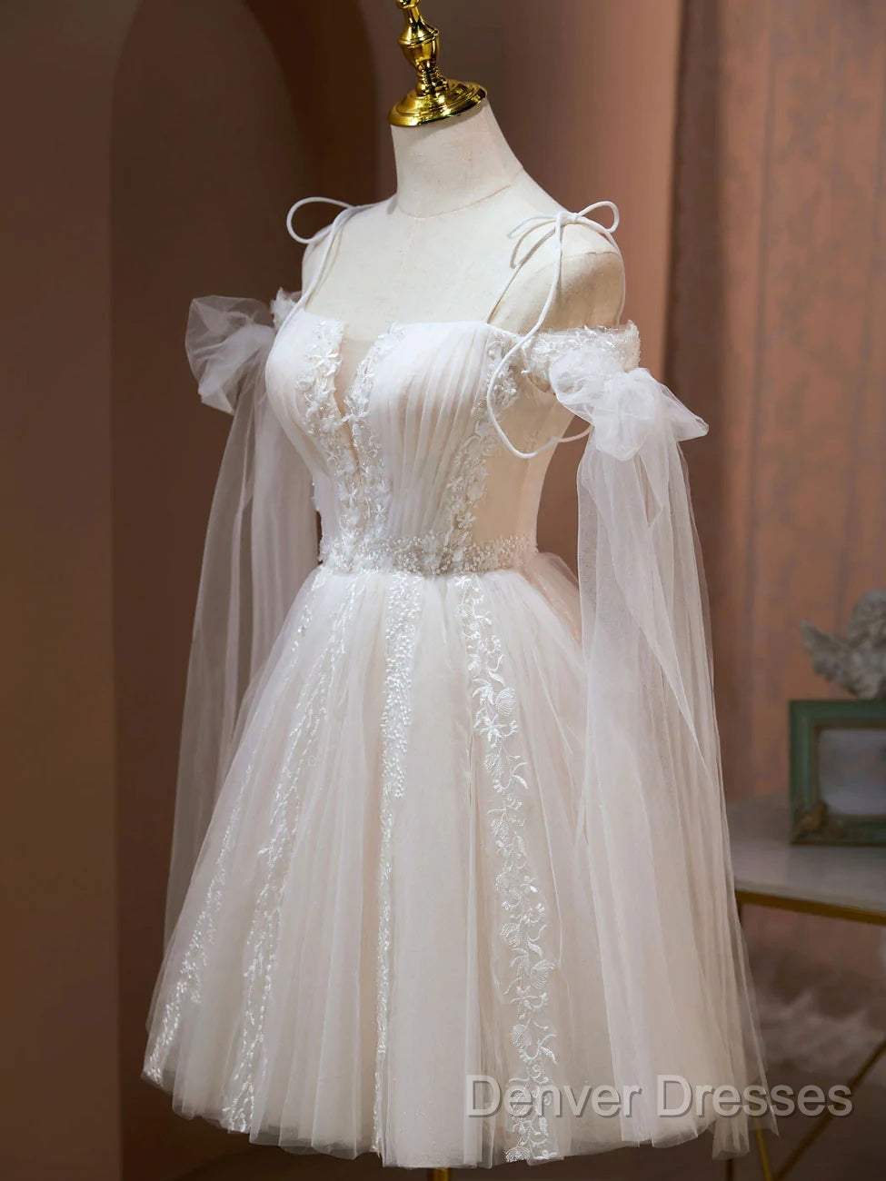 Ivory Tulle Knee Length With Lace Short Prom Dress, Cute Ivory Party Dress