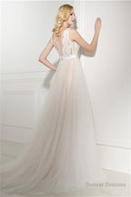 Ivory Tulle Lace Scoop Neck Floor Length Wedding Dresses