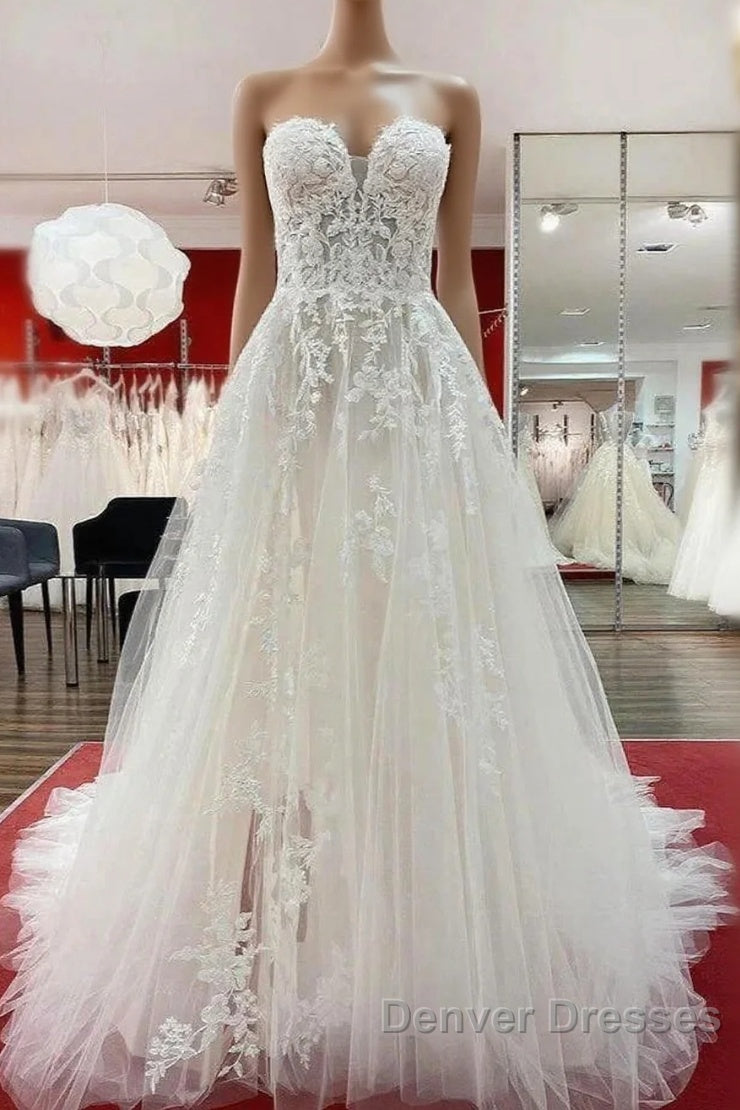Ivory Tulle Lace Wedding Dress A-Line Sweetheart Bridal Dress With Sweep Train Off Shoulder Main image
