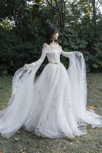 Ivory Tulle Long Sleeve Prom Dress, A-Line Evening Dress With Butterfly