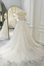 Ivory Tulle Off the Shoulder Appliques Wedding Dress