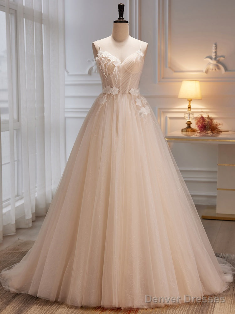Ivory Tulle Spaghetti Straps Pleats Flower Wedding Dress Main image