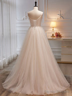 Ivory Tulle with Flowers Straps Prom Dress, A-line Ivory Party Dress