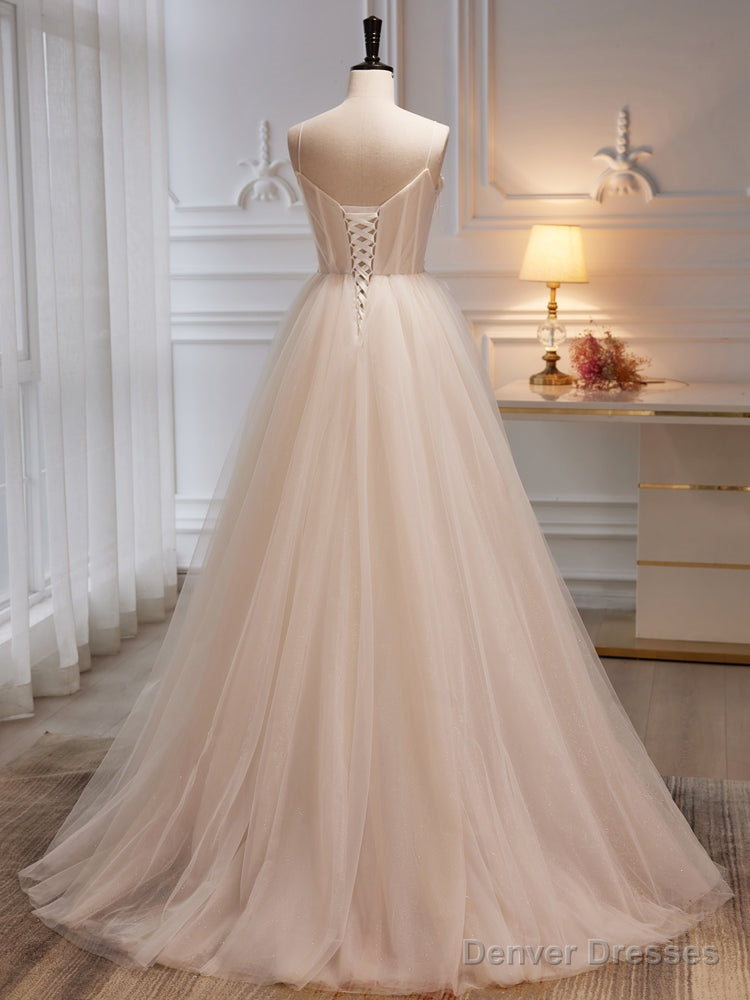 Ivory Tulle with Flowers Straps Prom Dress, A-line Ivory Party Dress