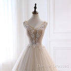 Ivory Tulle With Lace Long Wedding Party Dress With Sweep Train, Ivory Formal Dress
