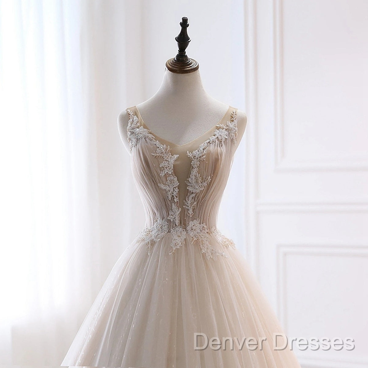Ivory Tulle With Lace Long Wedding Party Dress With Sweep Train, Ivory Formal Dress
