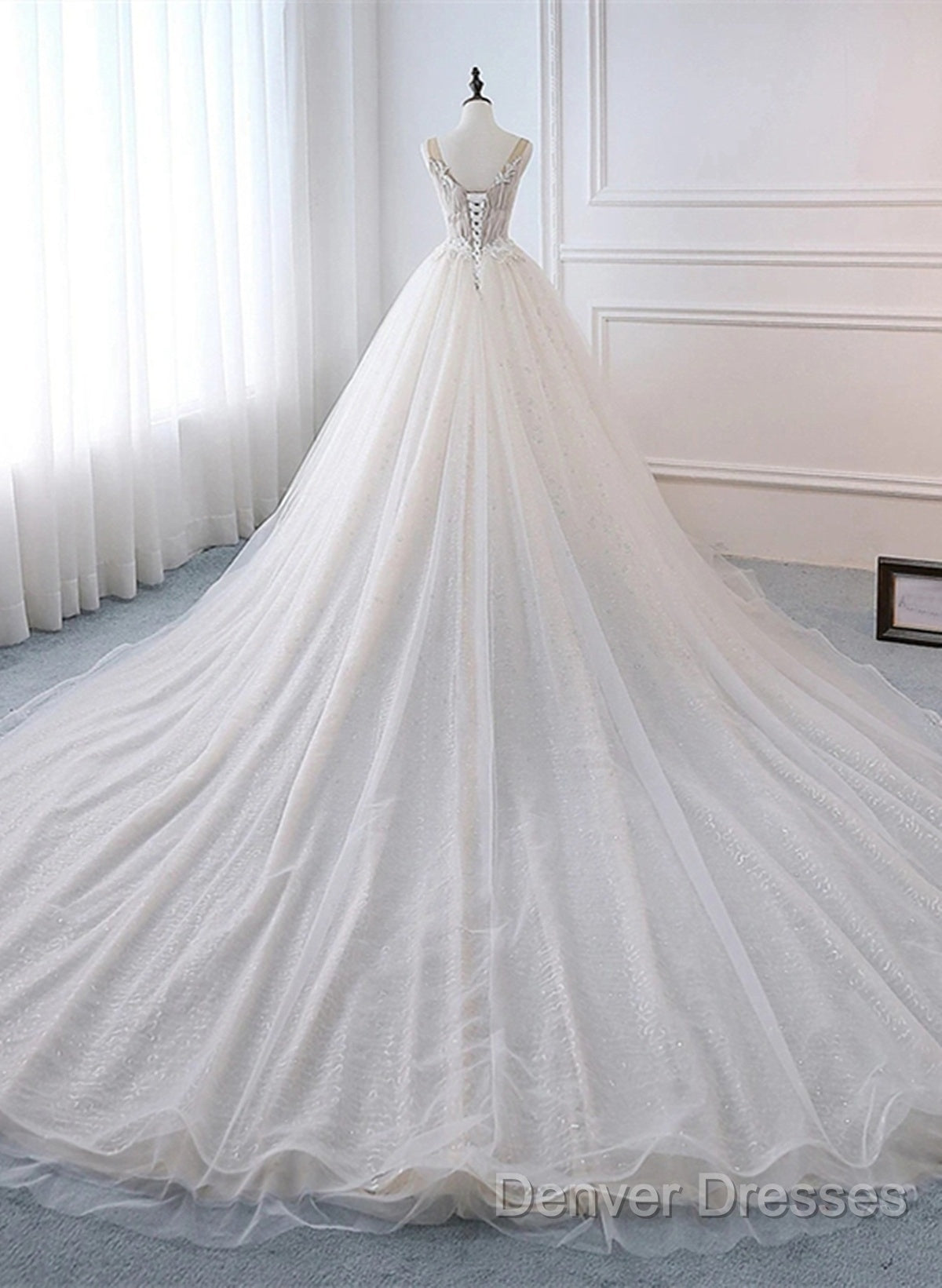 Ivory Tulle With Lace Long Wedding Party Dress With Sweep Train, Ivory Formal Dress