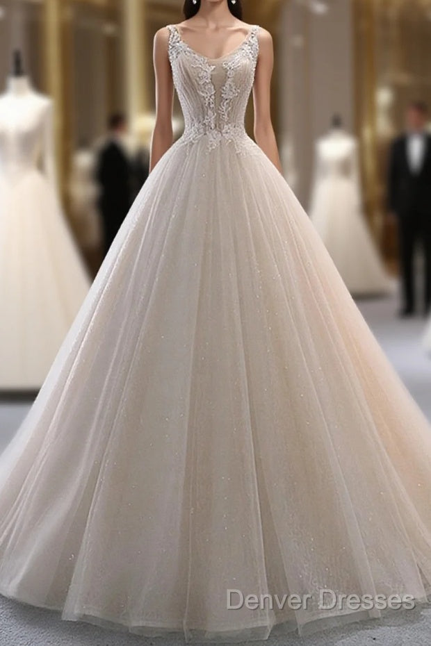 Ivory Tulle With Lace Long Wedding Party Dress With Sweep Train, Ivory Formal Dress Main image