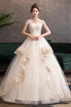Ivory Tulle With Lace Short Sleeves Sweet 16 Dress, Ivory Tulle Ball Gown Layers Formal Dress