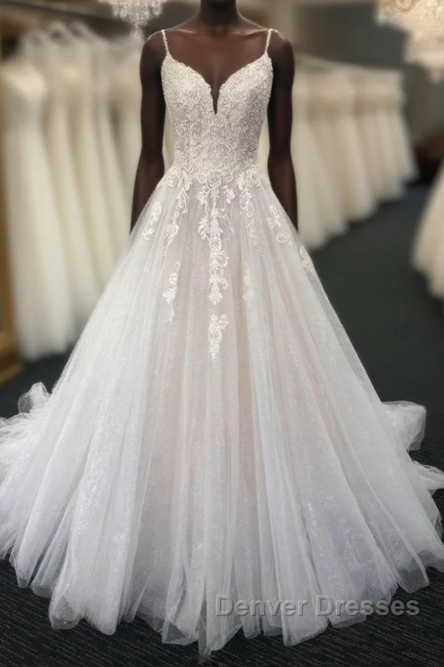 Ivory V neck Sleeveless A line Princess Lace Wedding Dress
