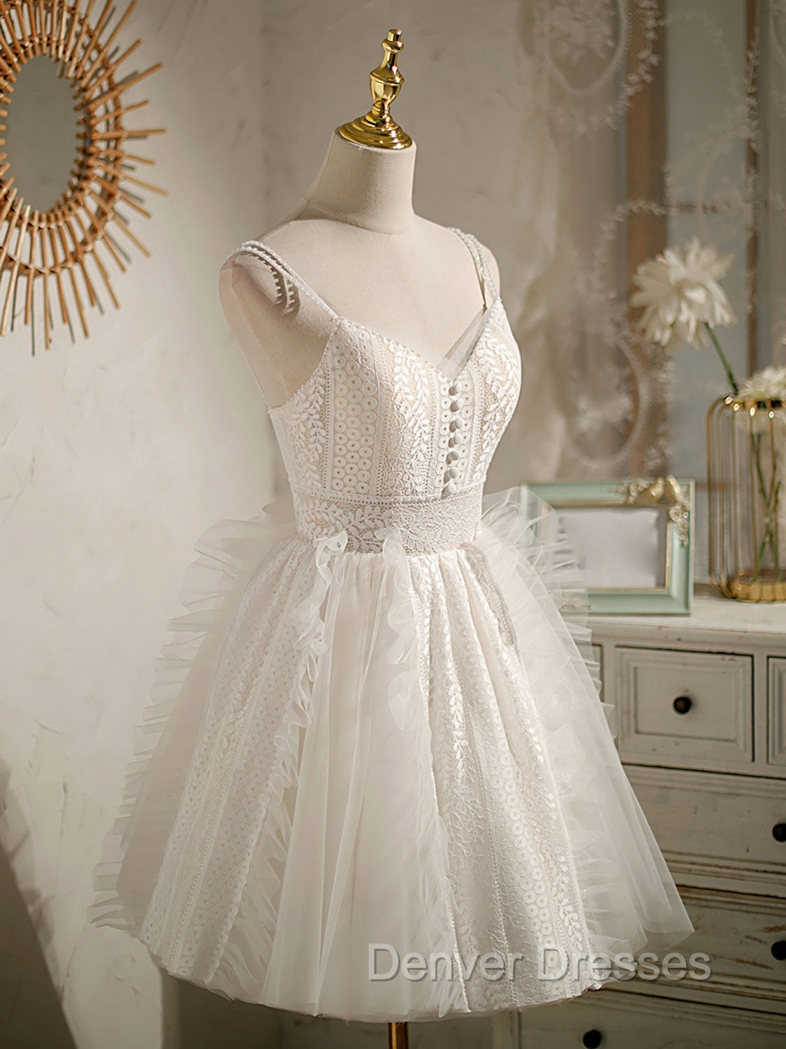 Ivory V Neck Tulle Lace Short Prom Dress Lace Cocktail Dress