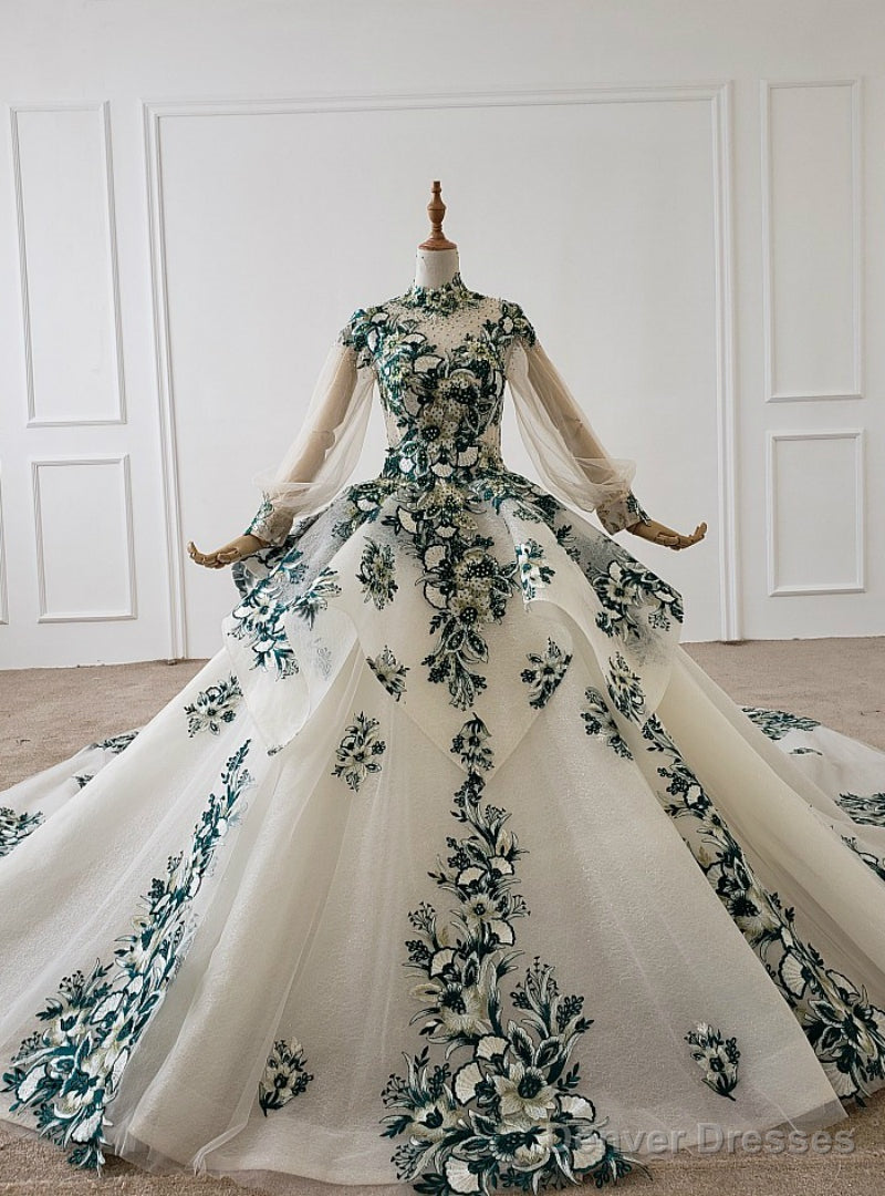 Ivory White Ball Gown Tulle Embroidery Appliques Long Sleeve Wedding Dress Main image