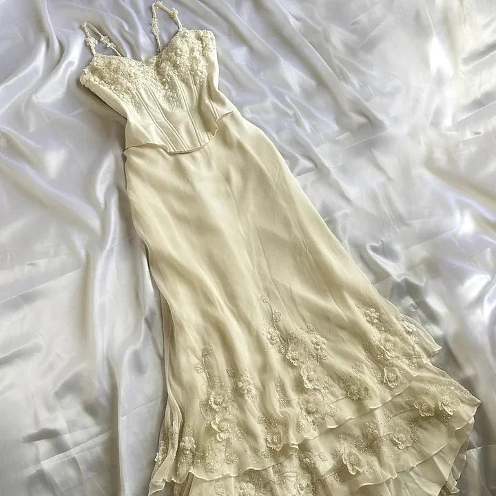 Ivory Luxury Gorgeous Fashion Exquisite Flowers Beading Long Chiffon Elegant Ball Gown Evening Dress Party Dress
