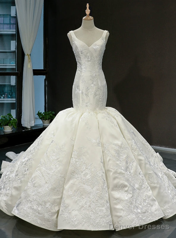 Ivory White Satin Mermaid Straps Lace Appliques Wedding Dress With Train Main image