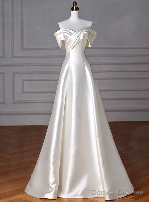 Ivory White Satin Off the Shoulder Pleats Wedding Dress Main image