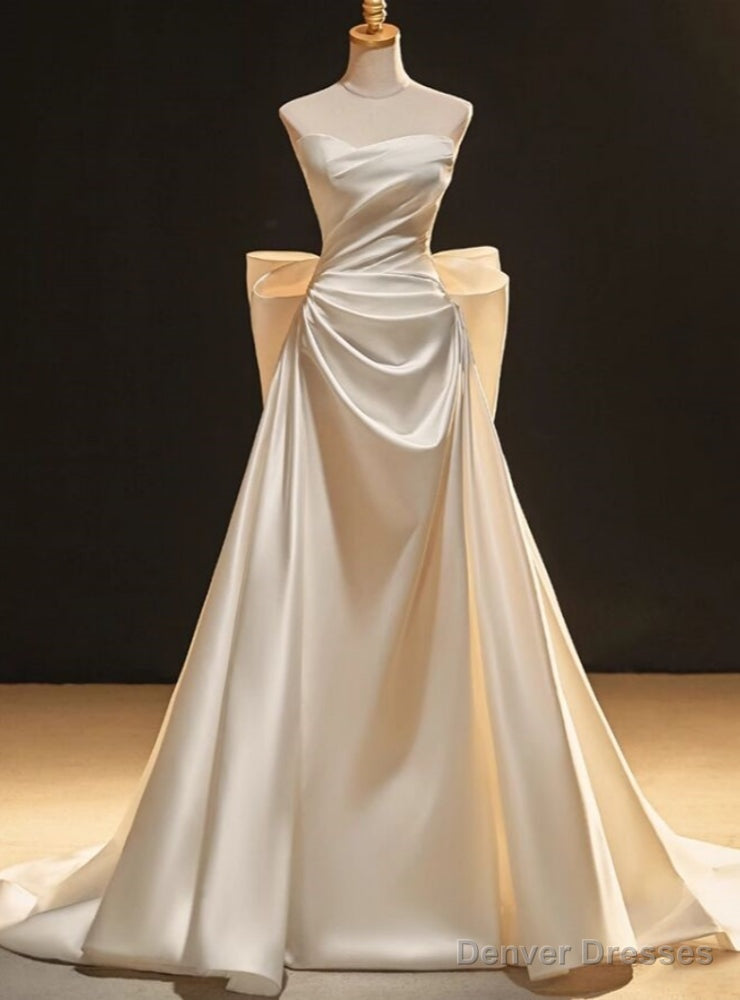 Ivory White Satin Sweetheart Bow Wedding Dress Main image