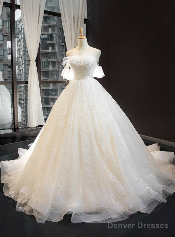 Ivory White Tulle Backless Appliques Wedding Dress With Train Main image
