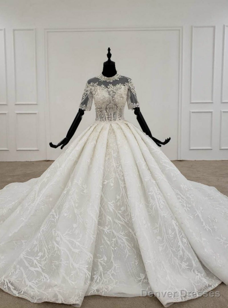 Ivory White Tulle Lace Short Sleeve High Neck Beading Sequins Wedding Dress